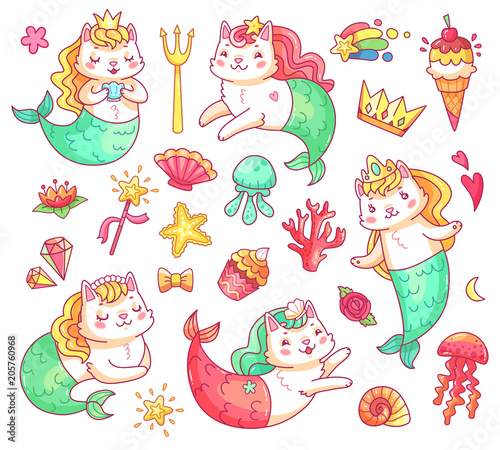 Mermaid kitty cat cartoon characters. Underwater cats mermaids vector set