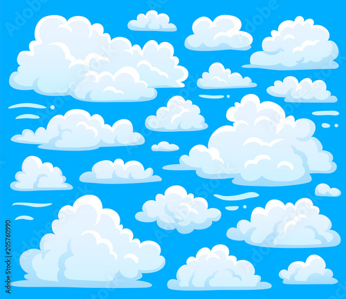 White cloud symbol for cloudscape background. Cartoon clouds symbols set for cloudy sky climate illustration vector