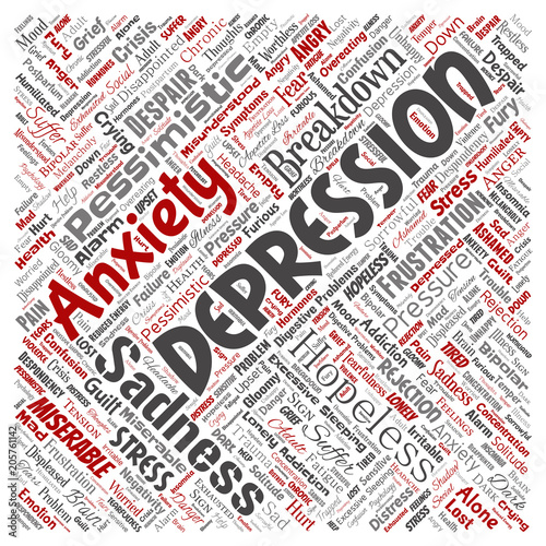 Vector conceptual depression or mental emotional disorder problem square red word cloud isolated background. Collage of anxiety sadness, negative sad, despair, unhappy, frustration symptom