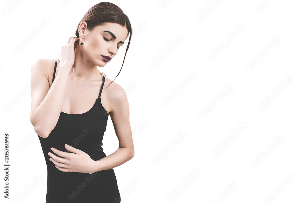 Portrait of nice young gorgeous woman on white backgrounds. To a lots of copy space. Portrait of nice young gorgeous woman on white backgrounds. To a lots of copy space.