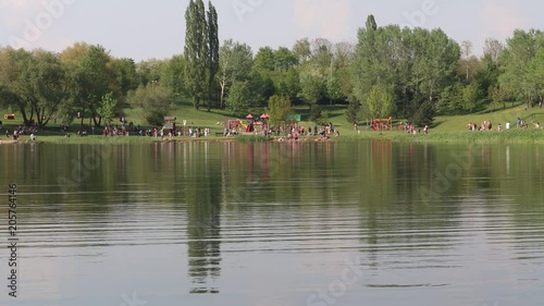 Swimming pool on water reservoir Benedikt in city Most, Czech Republic