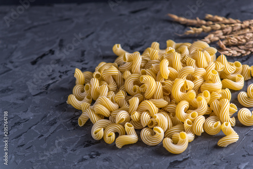 Uncooked italian pasta spaghetti and cavatappi with spikelets of durum wheat. Concept of the composition of food design.