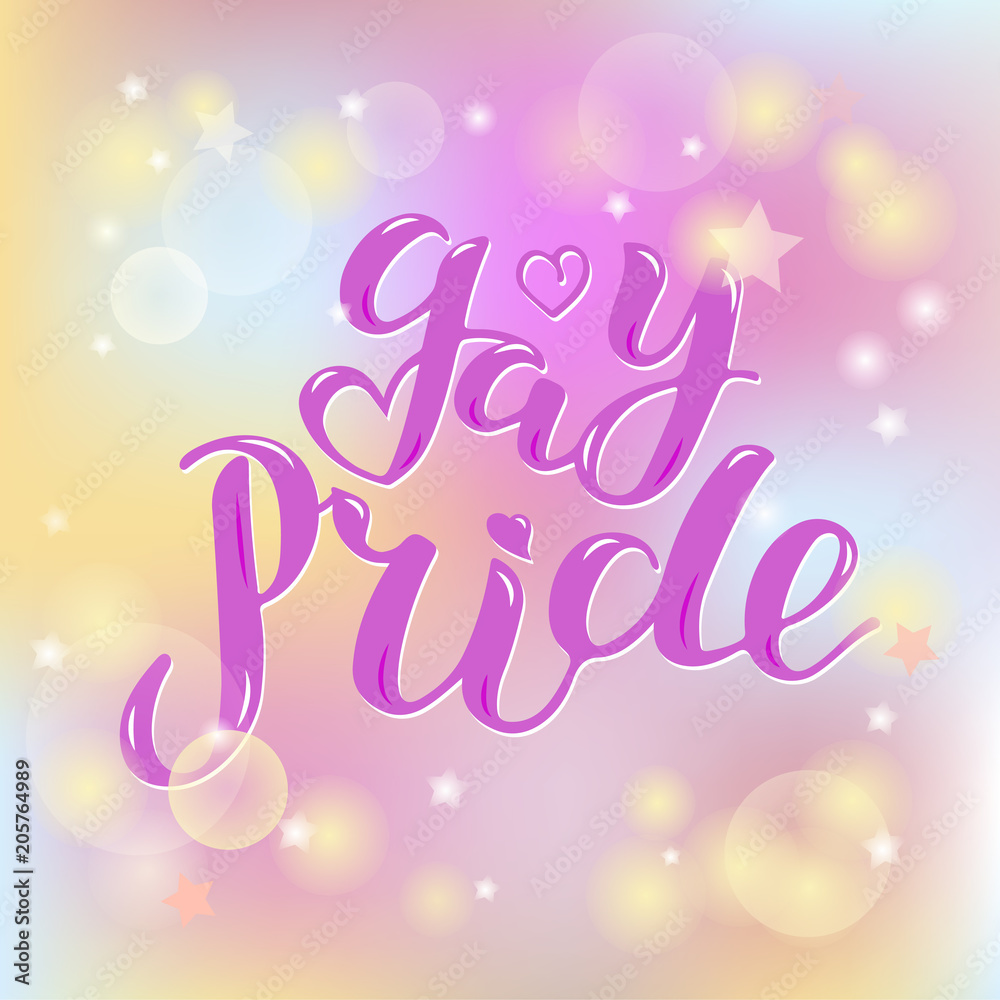 Gay Pride text isolated on background. Hand written lettering Gay Pride as logo, badge. Template for lgbt community, party invitation, festival, parade, greeting card, web.