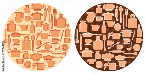 beige kitchenware on round backgrounds with circles - vector illustration