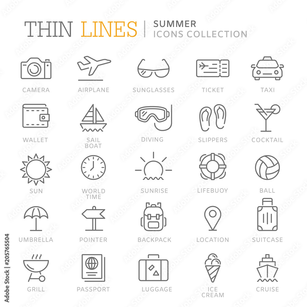 Collection of summer thin line icons