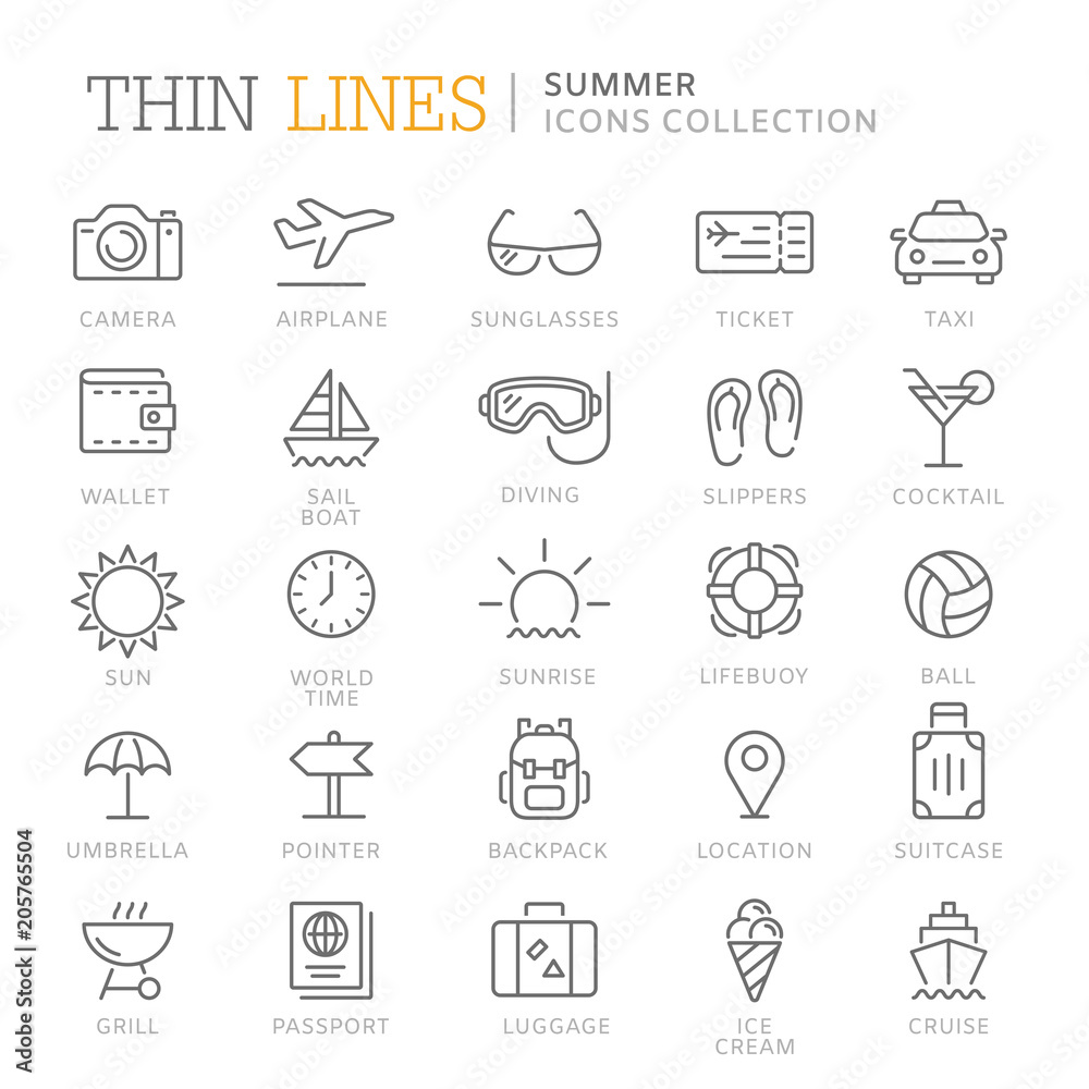 Collection of summer thin line icons Collection of summer thin line icons