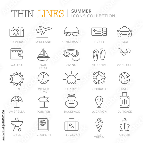 Collection of summer thin line icons