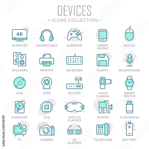 Collection of device thin line icons