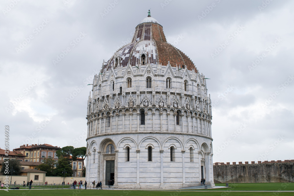 The grand architecture of the Baptistery in Pisa, Tuscany, Italy
