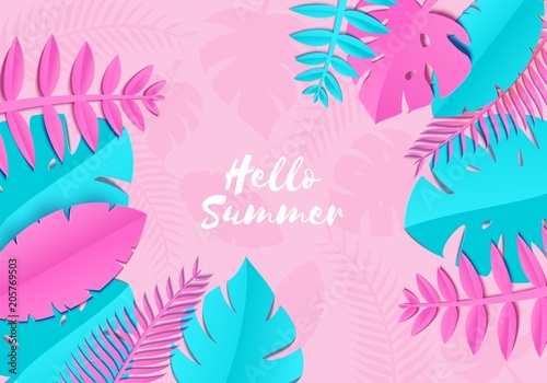 Summer Tropical palm leaves, plants in trandy paper cut style. Exotic blue pink leaves on light pink background Hawaiian summer. Vector card illustration.