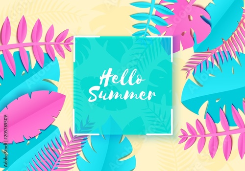Summer Tropical palm leaves, plants in trandy paper cut style. White square frame on exotic blue pink leaves on yellow sunny background Hawaiian summer. Square glass lable. Vector card illustration