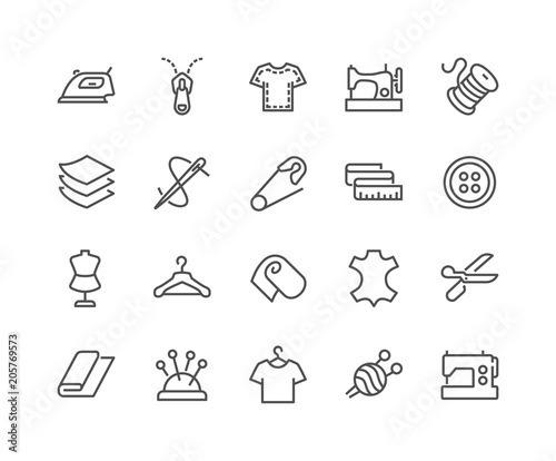 Simple Set of Sewing Related Vector Line Icons. Contains such Icons as Sewing Machine, Measuring Tape, Wool and more. Editable Stroke. 48x48 Pixel Perfect.