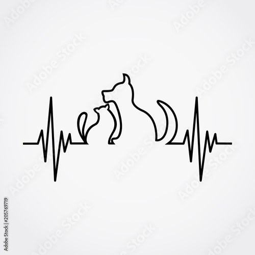 Line of the pulse with cat and dog vector illustration.