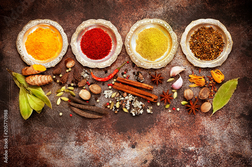 Indian spices and seasonings on a concrete background, top view, flat lay