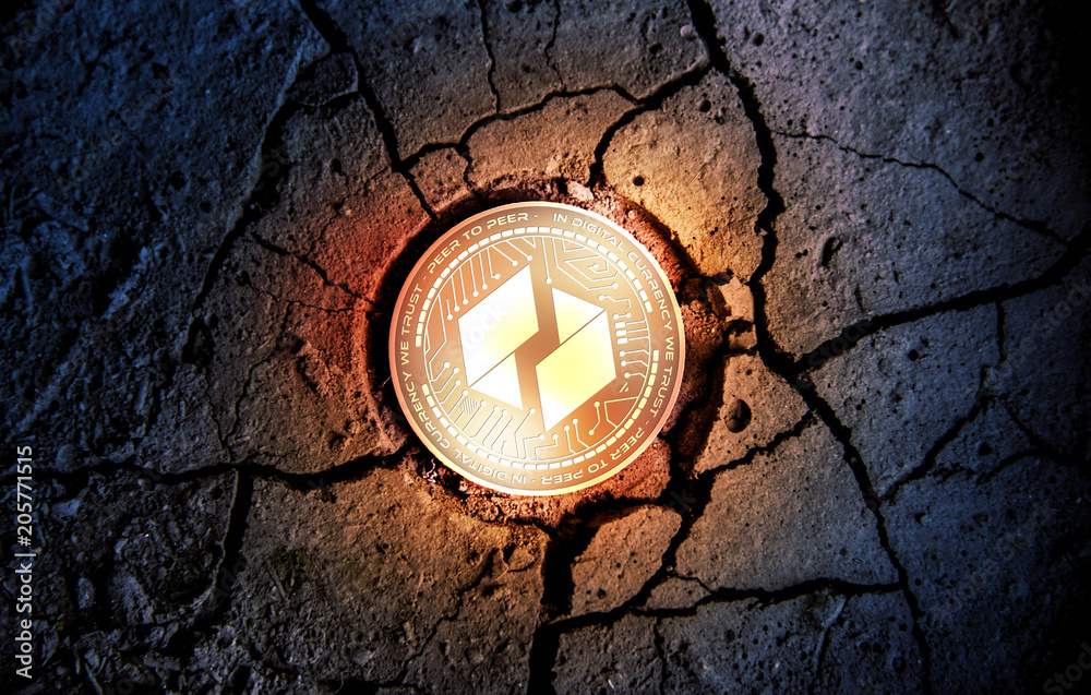 shiny golden UBIQ cryptocurrency coin on dry earth dessert background mining 3d rendering illustration