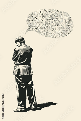 Elderly Man And Speech Bubble. Hand Drawn Character. Vector Illustration.