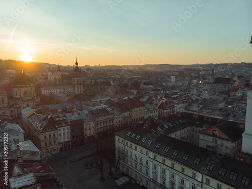 beauty panoramic view on sunrise over old european city