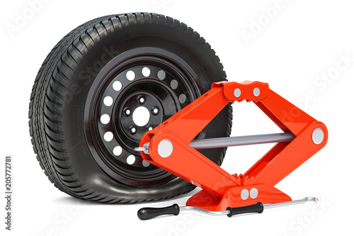 Puncture car wheel with screwjack, 3D rendering photo