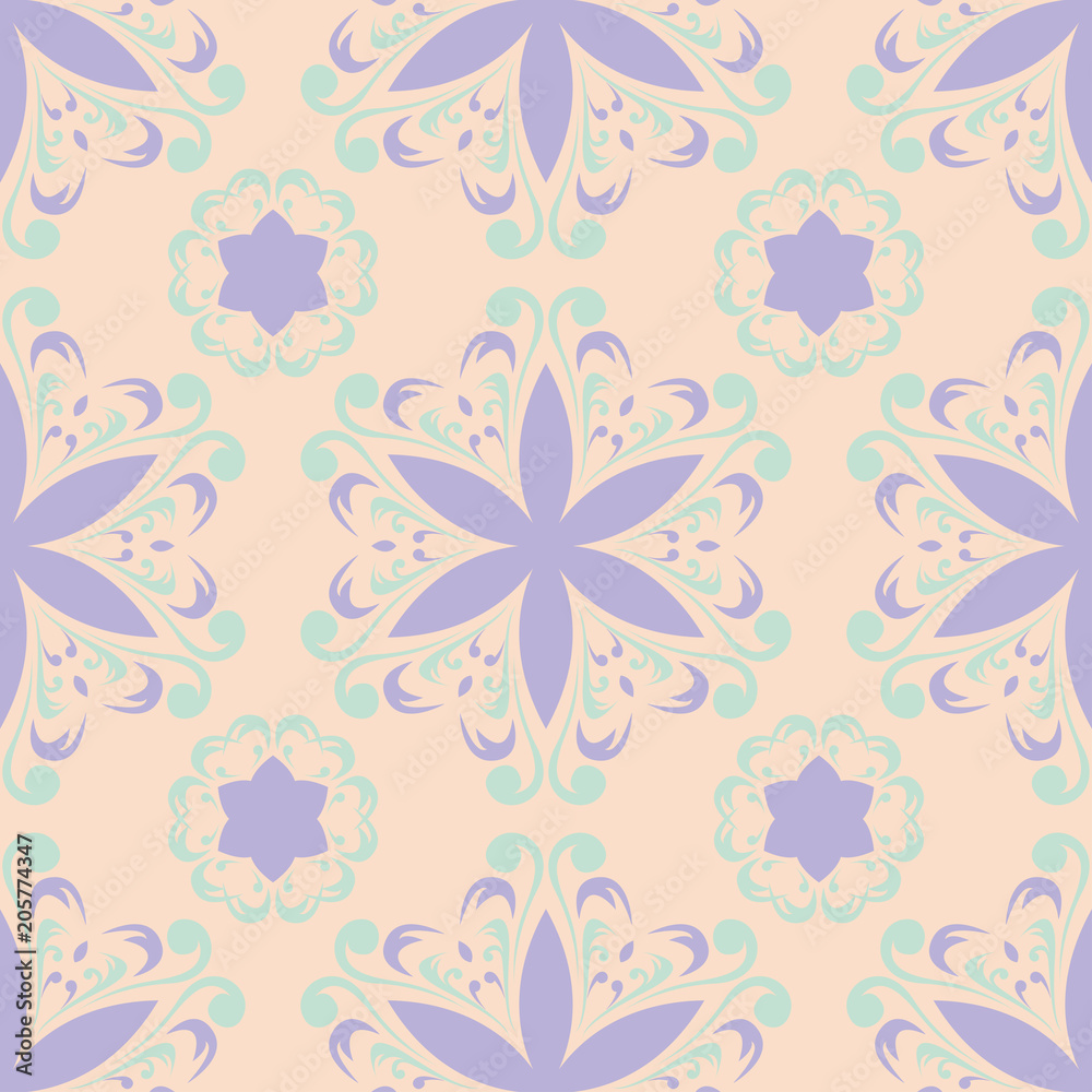 Beige floral seamless pattern with violet and blue designs