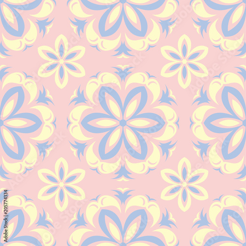 Floral seamless pattern. Pale pink background with light blue and yellow flower elements