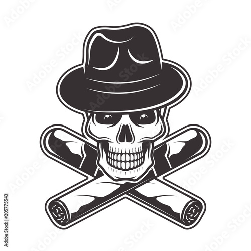 Skull in gangster hat and two crossed cigars