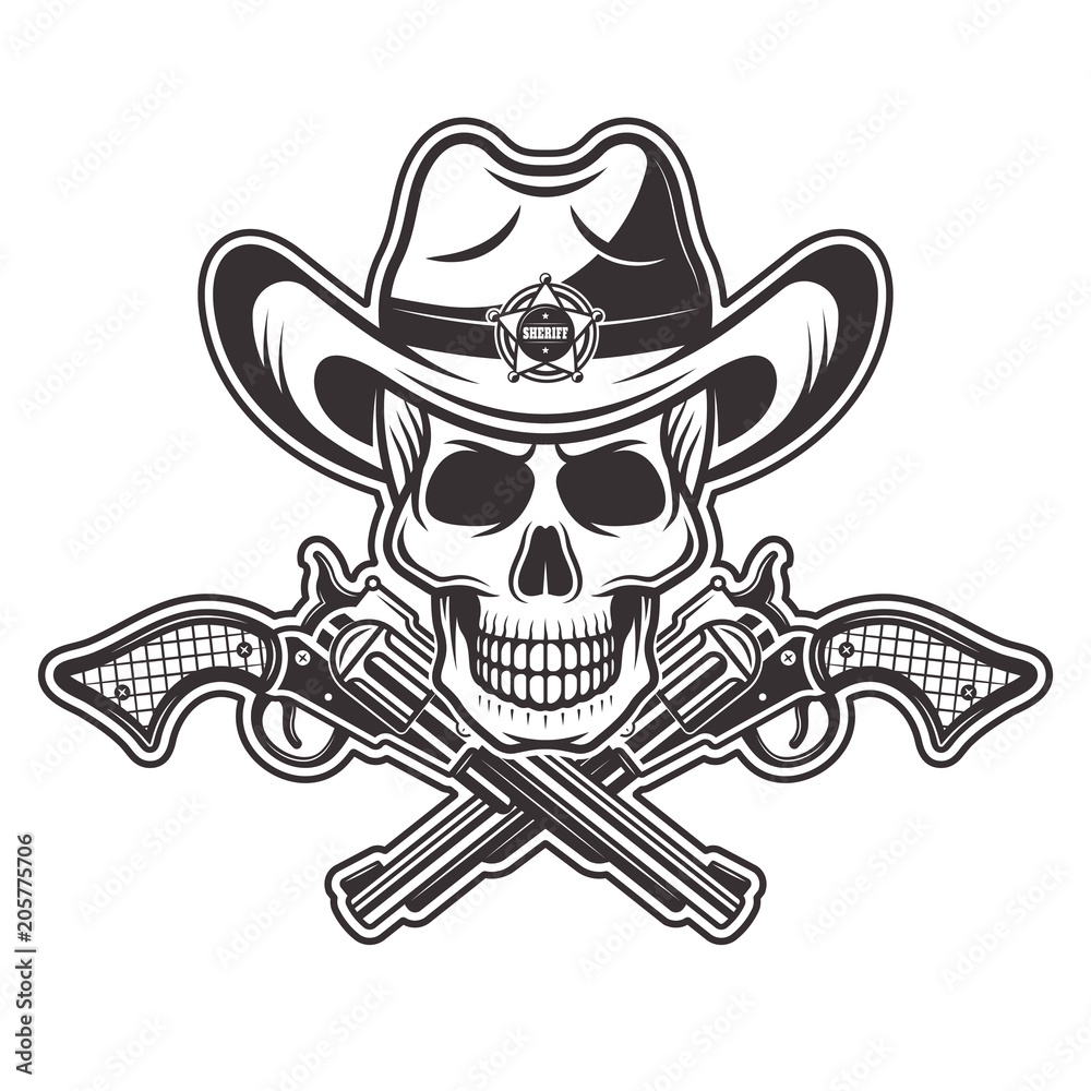 Sheriff skull in cowboy hat with two crossed guns Sheriff skull in cowboy hat with two crossed guns