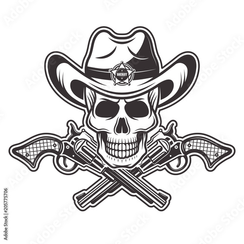 Sheriff skull in cowboy hat with two crossed guns