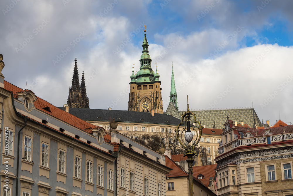 Historical houses at Mala Strana and a castle, Prague, Czech republic
