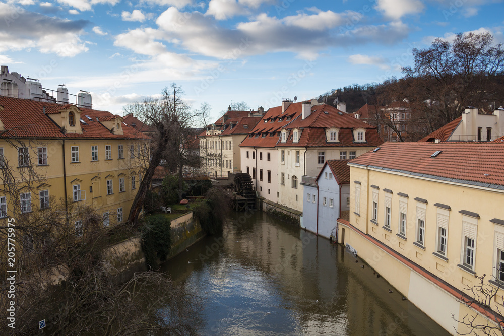 River and houses at Kampa, Prague, Czech republic
