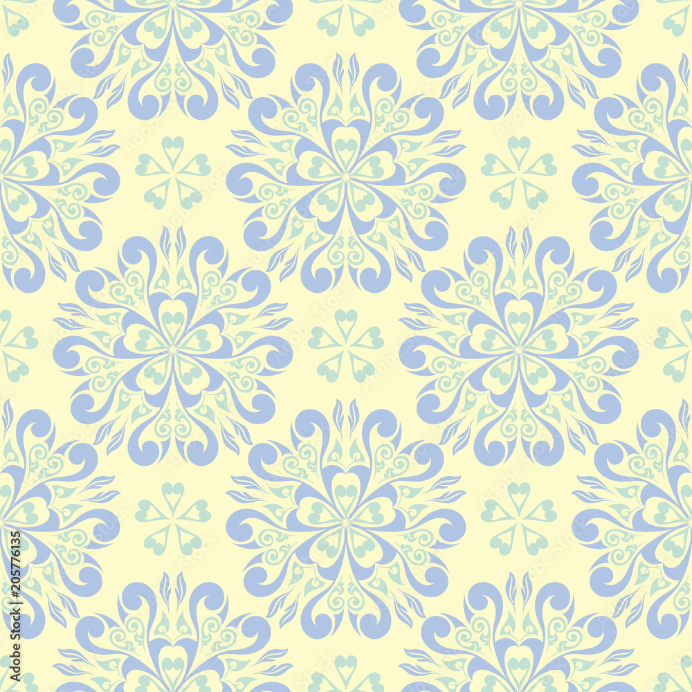Floral seamless background. Blue and green flower pattern on beige backdrop Floral seamless background. Blue and green flower pattern on beige backdrop
