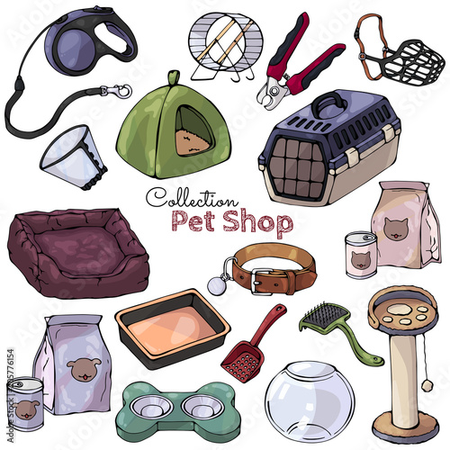 Collection of vector isolated realistic images of accessories for pets. Set of items for animal care. Assortment of goods for the pet shop.