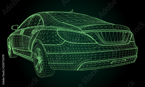 The model sports a premium sedan. Vector illustration in the form of a green polygonal triangular grid on a black background.