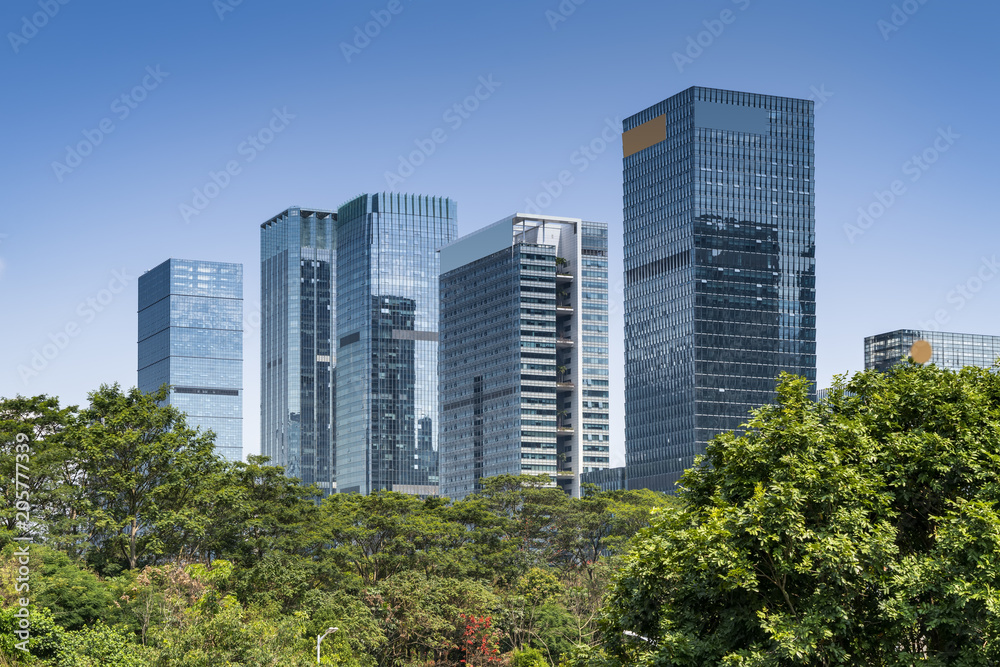 The modern buildings of the city skyscrapers.