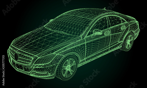 The model sports a premium sedan. Vector illustration in the form of a green polygonal triangular grid on a black background.