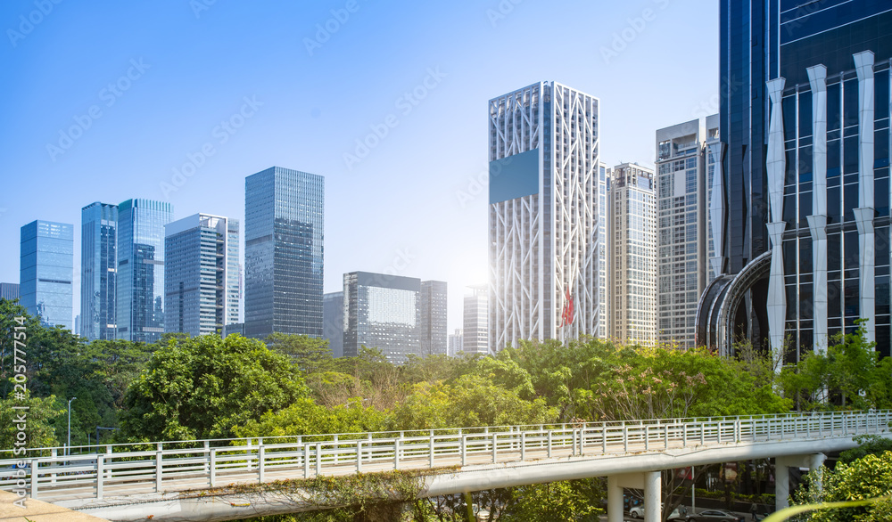 The modern buildings of the city skyscrapers.