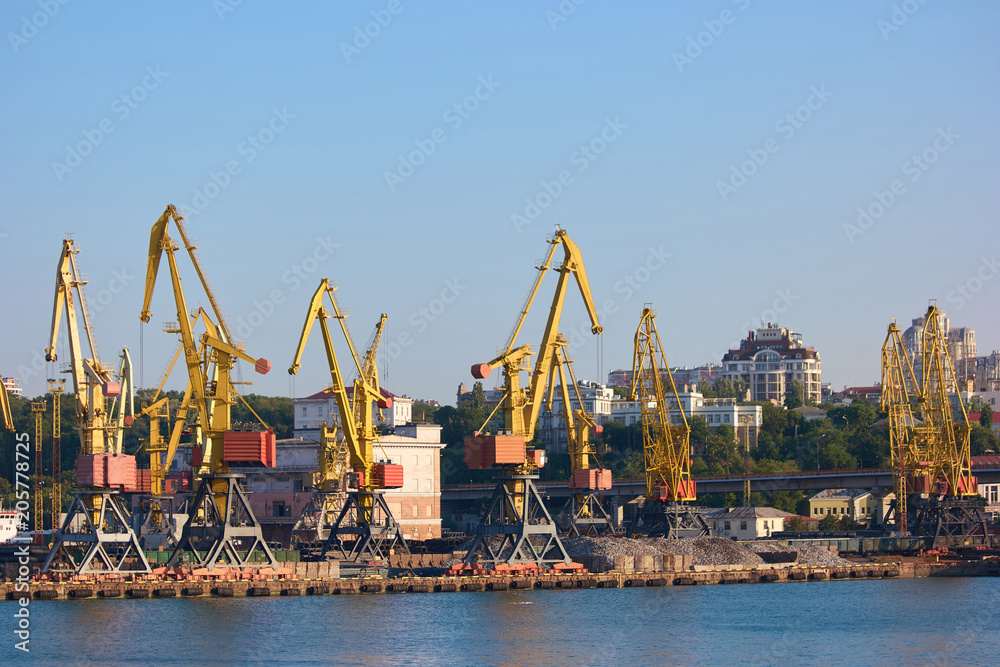 Wharf Cranes lifting cargo. Container cargo transportation by warf cranes.
