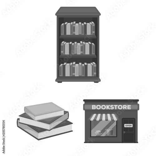 Library and bookstore monochrome icons in set collection for design. Books and furnishings vector symbol stock web illustration.