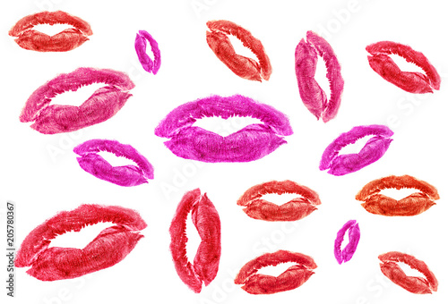 Set of different lipstick kisses on a white background