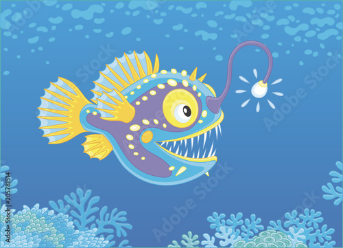 Anglerfish hunting deep in a sea, vector illustration in a cartoon style