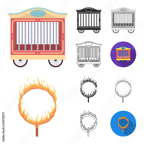 Circus and attributes cartoon,black,flat,monochrome,outline icons in set collection for design. Circus Art vector symbol stock web illustration.