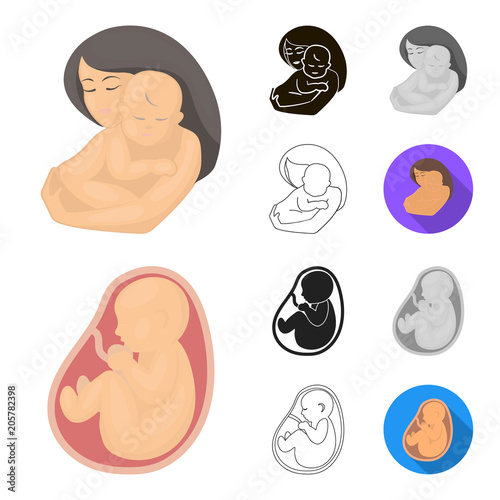 Woman and pregnancy cartoon,black,flat,monochrome,outline icons in set collection for design. Gynecology and equipment vector symbol stock web illustration.