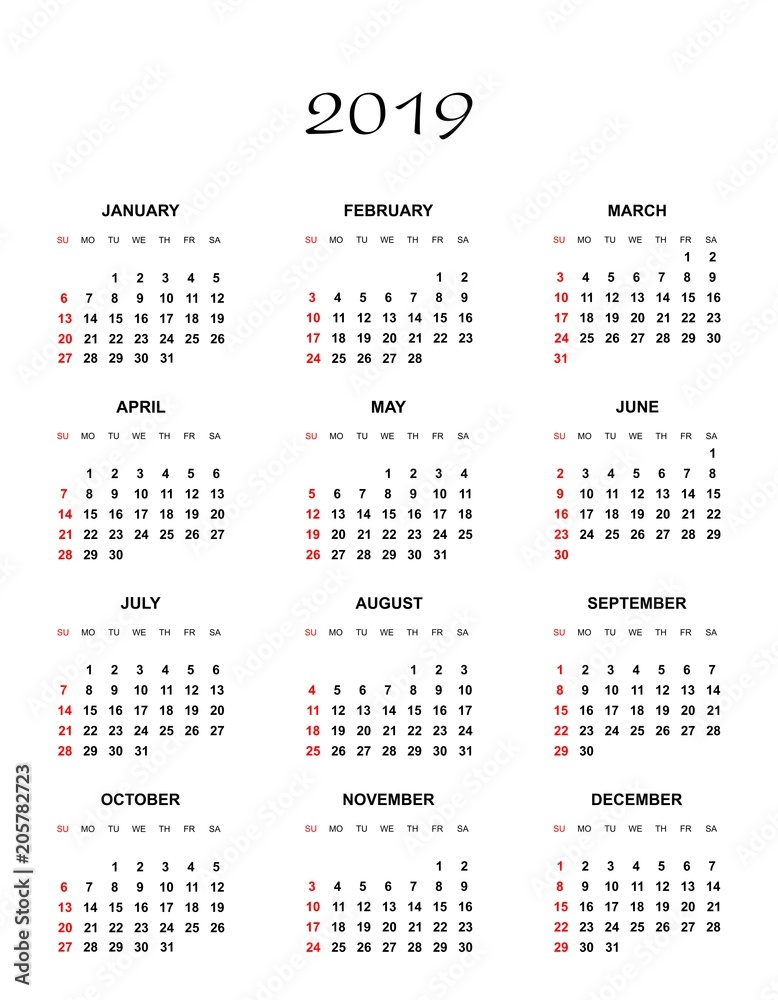 Simple Color Calendar For The Year 19 The Names Of Days And Months In A Row And Sunday Marked Red On A White Background Stock Vector Adobe Stock