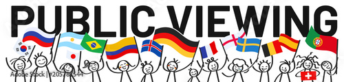 PUBLIC VIEWING, Sport Fans, Menschenmenge, Banner mit Strichfiguren und unterschiedlichen Nationalflaggen