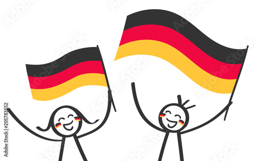 Deutschland Fans, Mann und Frau, jubelnde Strichfiguren schwenken Deutschlandfahnen