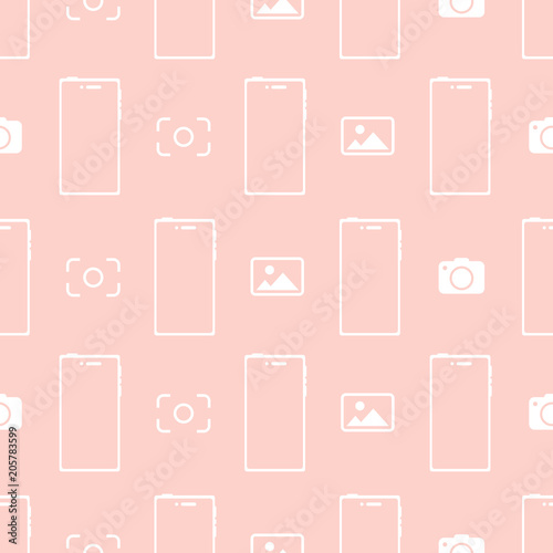 White contours of flat smartphones  cameras and photos on a pink background. Seamless pattern.