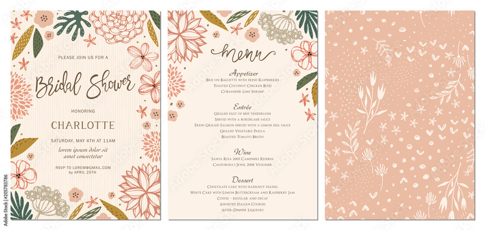 Rustic hand drawn Bridal Shower invitation and menu with seamless background. Rustic hand drawn Bridal Shower invitation and menu with seamless background.