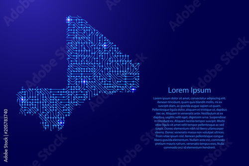 Map Mali from printed board, chip and radio component with blue star space on the contour for banner, poster, greeting card. Computer electronics processor motherboard. Vector illustration.