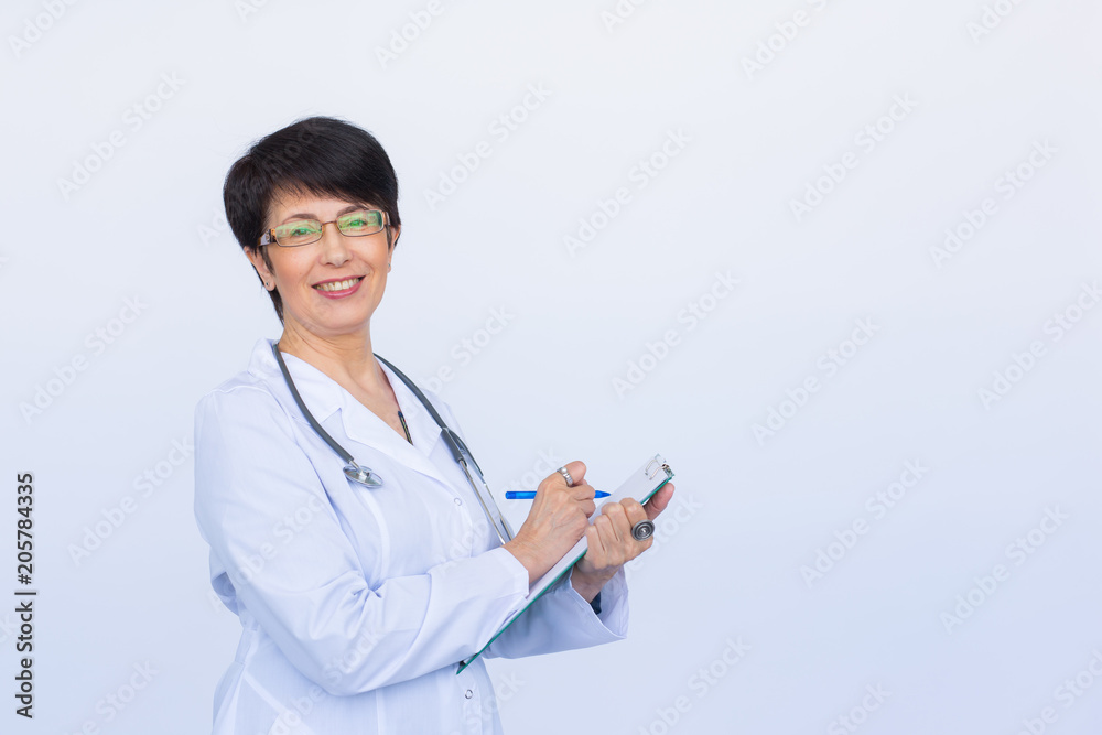 Medical physician doctor woman over white background with copy space Medical physician doctor woman over white background with copy space