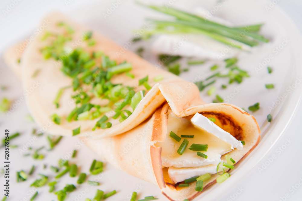 Pancake with brie cheese and chives Pancake with brie cheese and chives