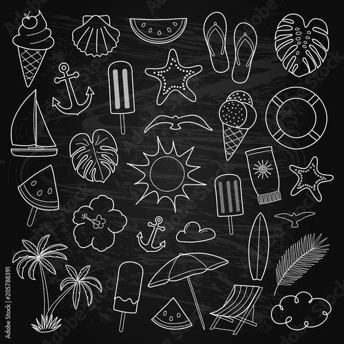 Summer icons - hand drawn elements on blackboard. Vector.